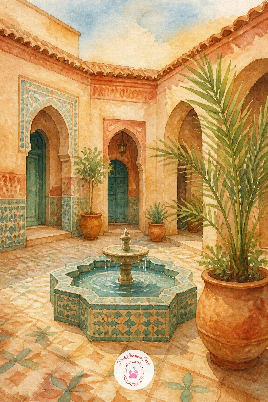 Moroccan Riad Courtyard With Tiles and a Fountain — After the open dune, try a tighter, more architectural scene: a Moroccan riad courtyard built around a