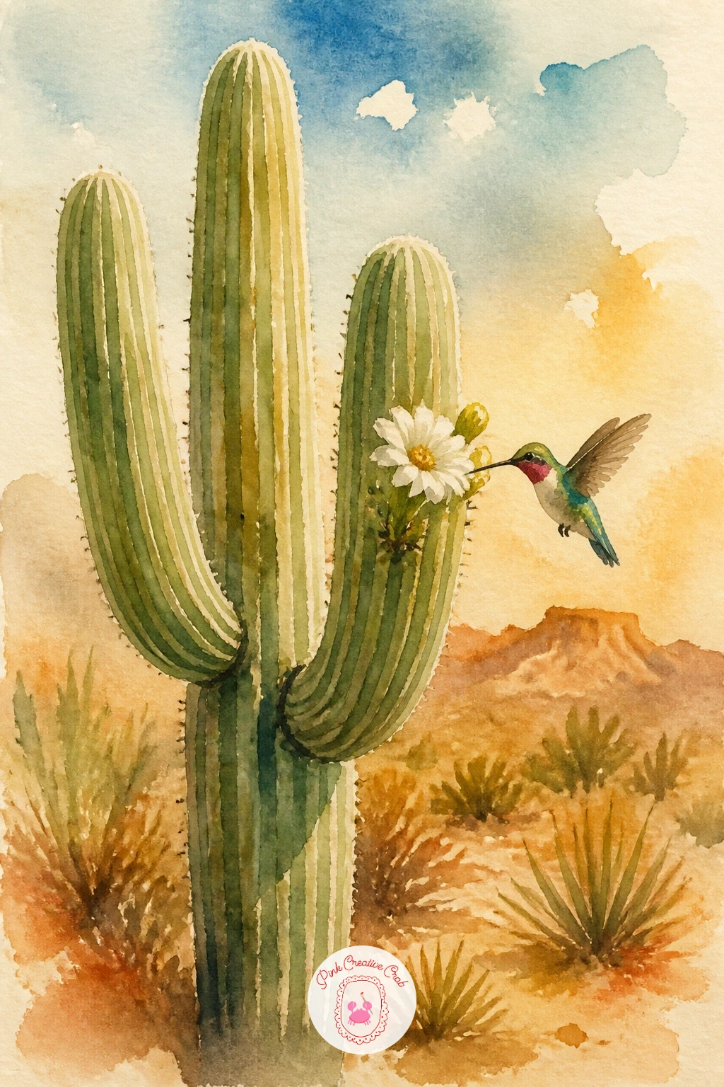 Saguaro Cactus With a Hummingbird — Move from architecture to a single desert plant: a tall saguaro cactus with a hummingbird pausing at one of its blooms.