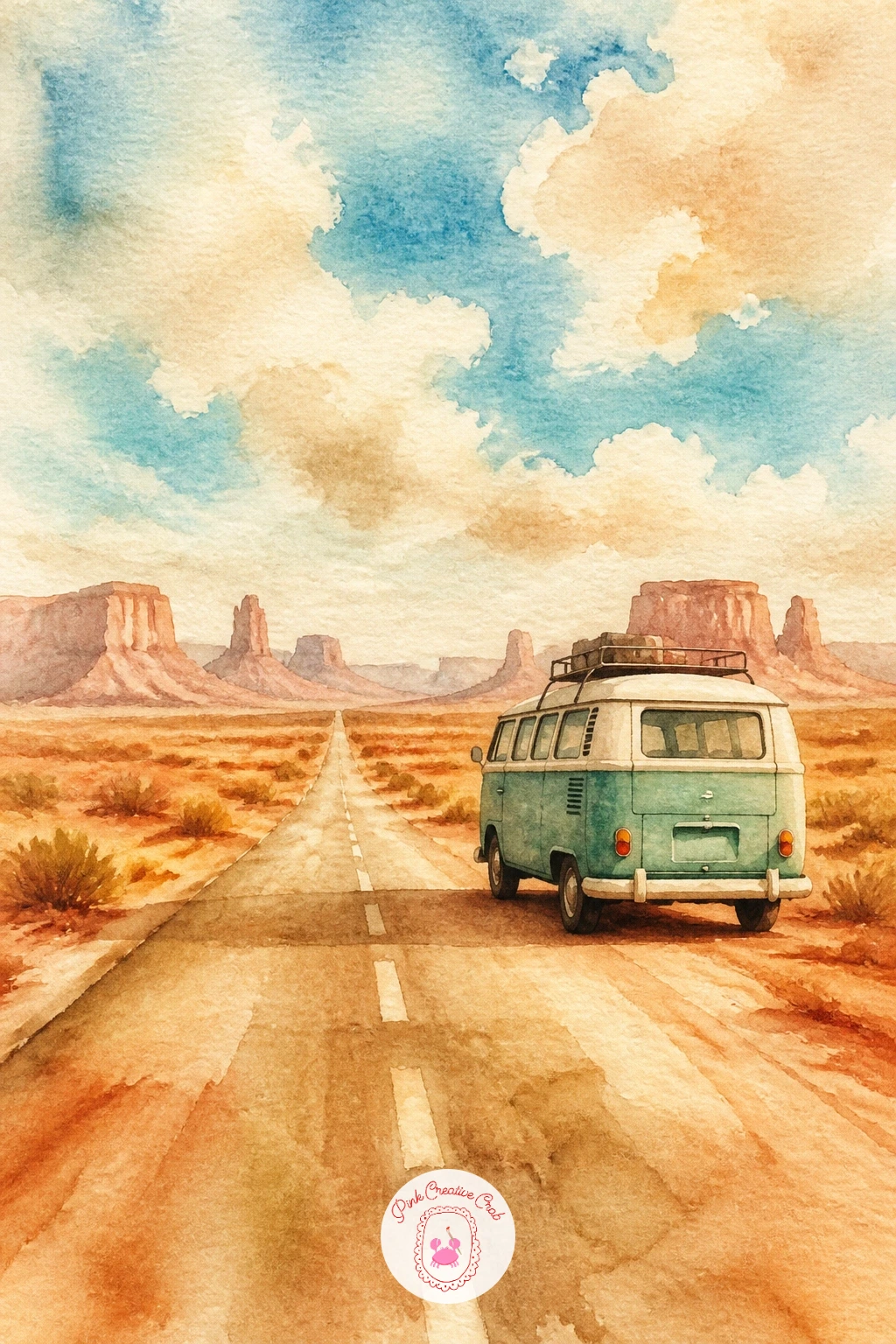Desert Road With a Vintage Van — Give the eye somewhere to travel with a desert road scene: a vintage van parked on a straight dirt road heading toward distant
