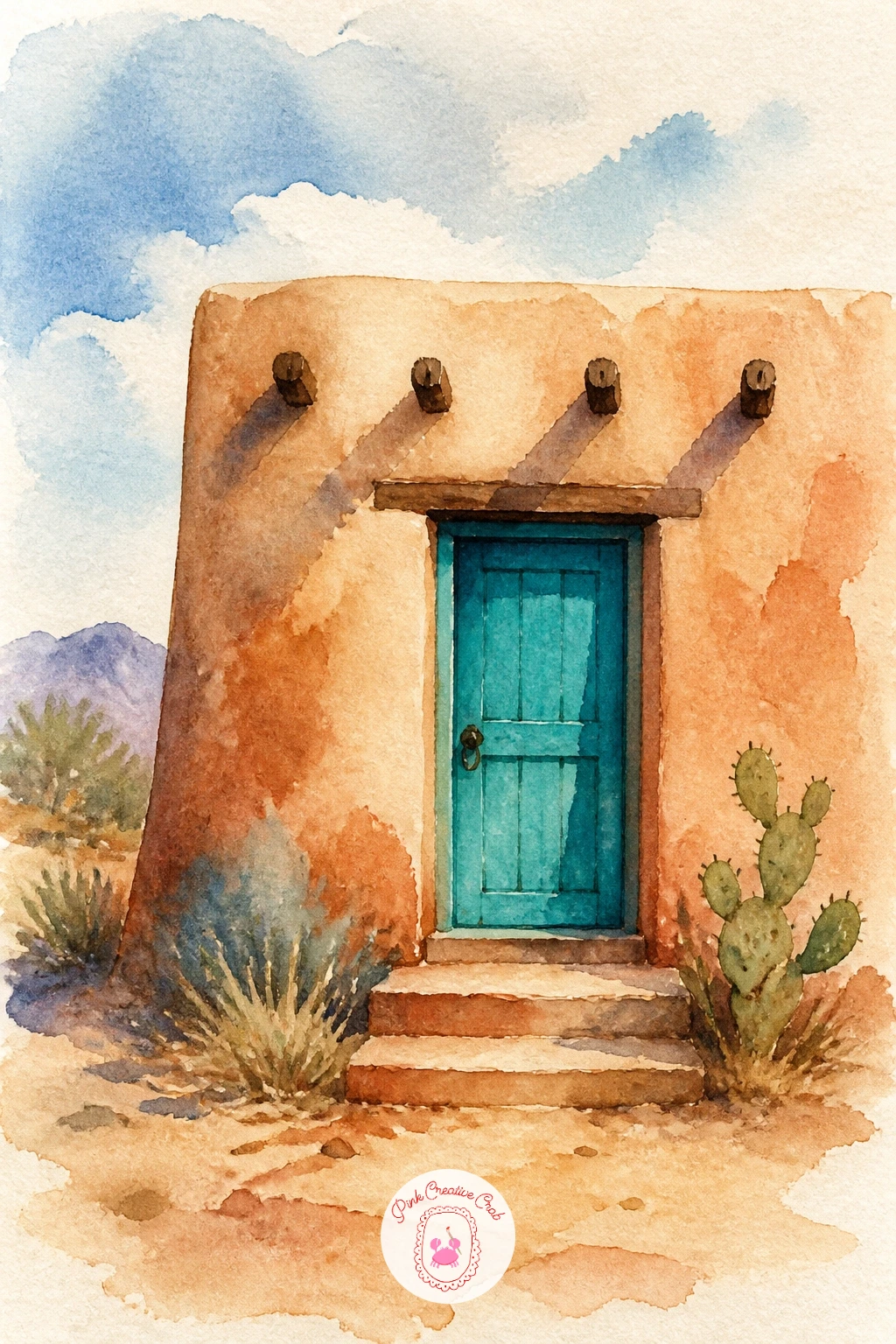 Adobe House With a Blue Door — Bring the eye in close again with an adobe house, its thick walls painted in warm sand and a single turquoise-blue door as the
