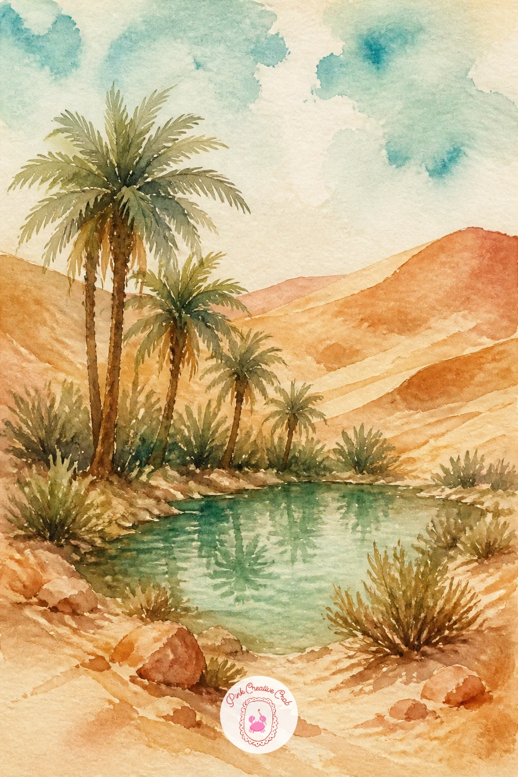 Desert Oasis With Palms — Cool the palette down for a moment with an oasis scene: a small pool of water ringed by palm trees in a dip between dunes. Watercolor
