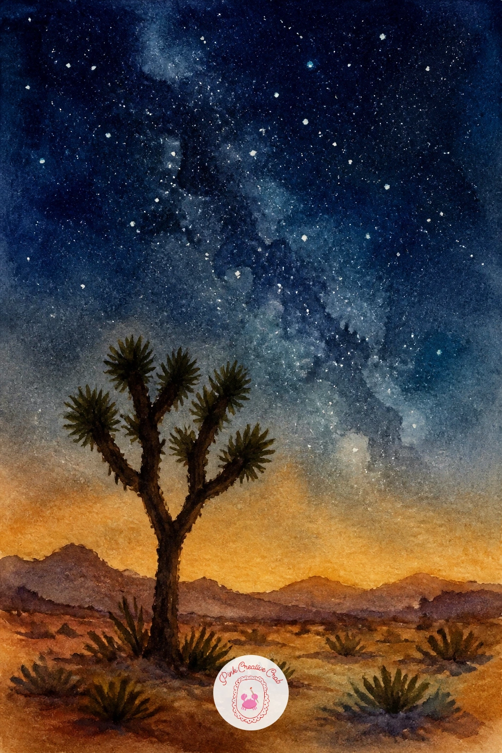 Joshua Tree Under a Starry Sky — Shift into a night scene now: a single Joshua tree silhouetted against a deep indigo sky scattered with stars. Watercolor