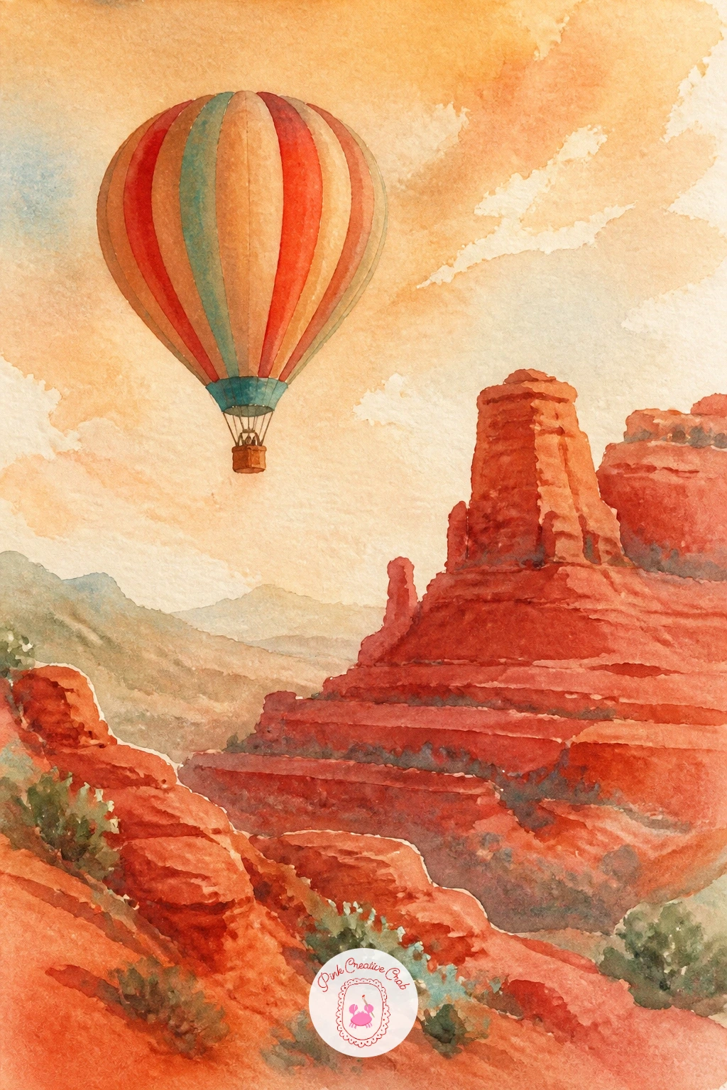 Hot Air Balloon Over Red Rocks — Lift the eye back up into daylight with a hot air balloon drifting over a red rock landscape. Watercolor desert landscape