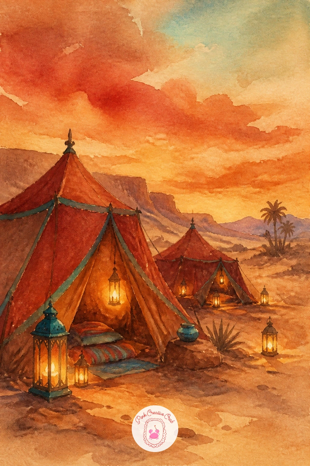 Tent Camp With Lanterns in the Desert — Settle into a cozier scene after that open sky: a small tent camp glowing with lanterns at dusk. Watercolor desert