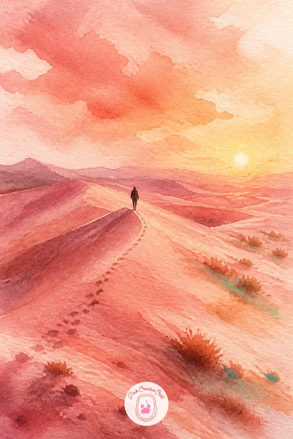 Pink Sand Dunes With a Lone Figure — Return to open dunes but shift the palette: pink sand dunes at sunset with one small figure walking the ridge. Watercolor