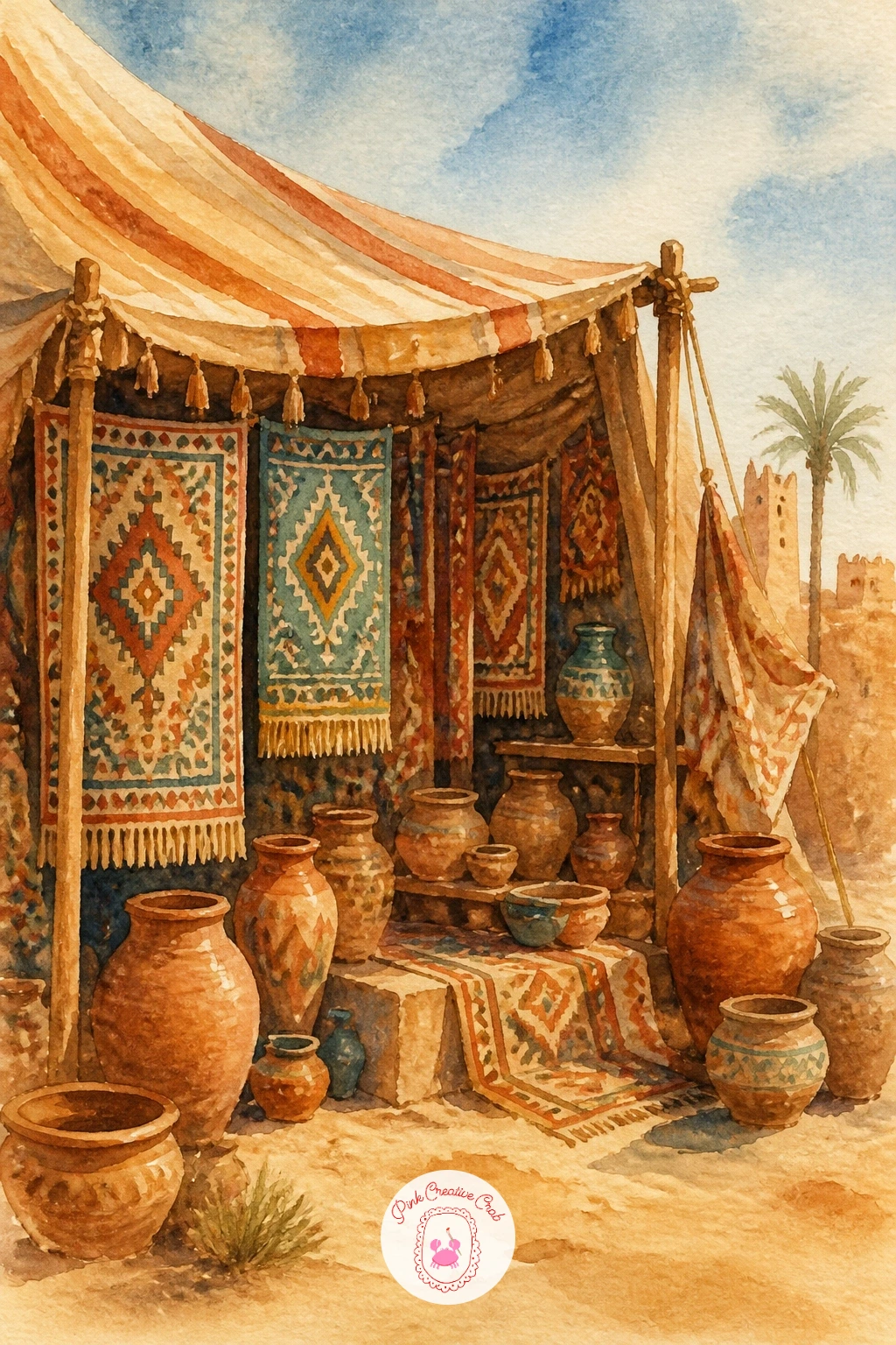 Market Tent With Rugs and Pots — Build a busier scene now: a market tent stall hung with patterned rugs and lined with clay pots. Watercolor desert landscape
