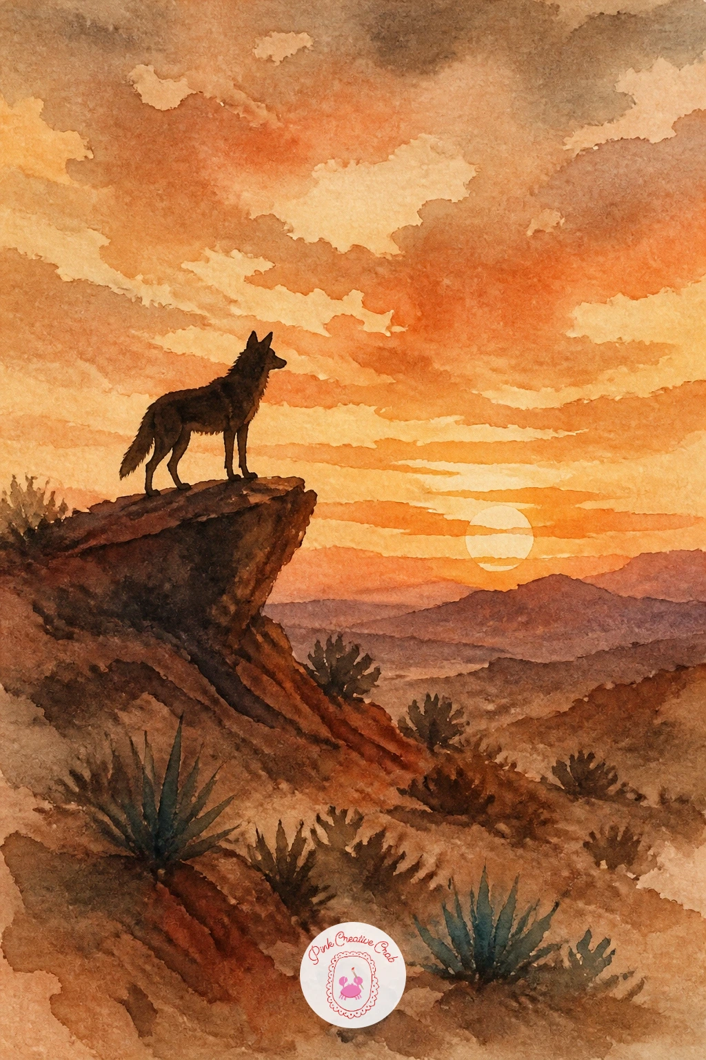 Coyote on a Rock at Dusk — Bring in a wild animal next: a single coyote standing on a rock outcrop, silhouetted against a dusk sky. Watercolor desert landscape