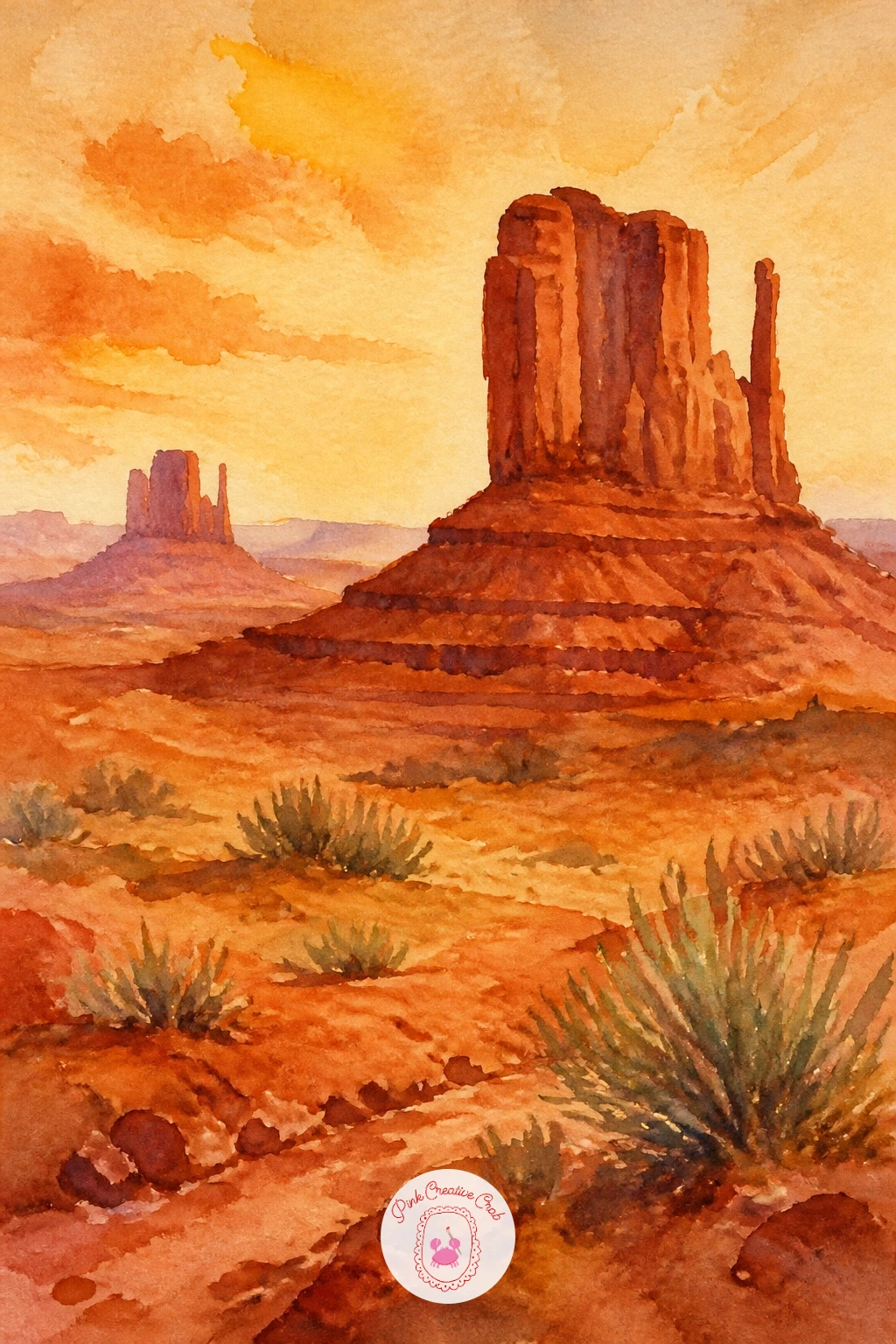 Monument Valley at Golden Hour — Scale back up to a wide landscape: Monument Valley's famous buttes glowing in golden hour light. Watercolor desert landscape