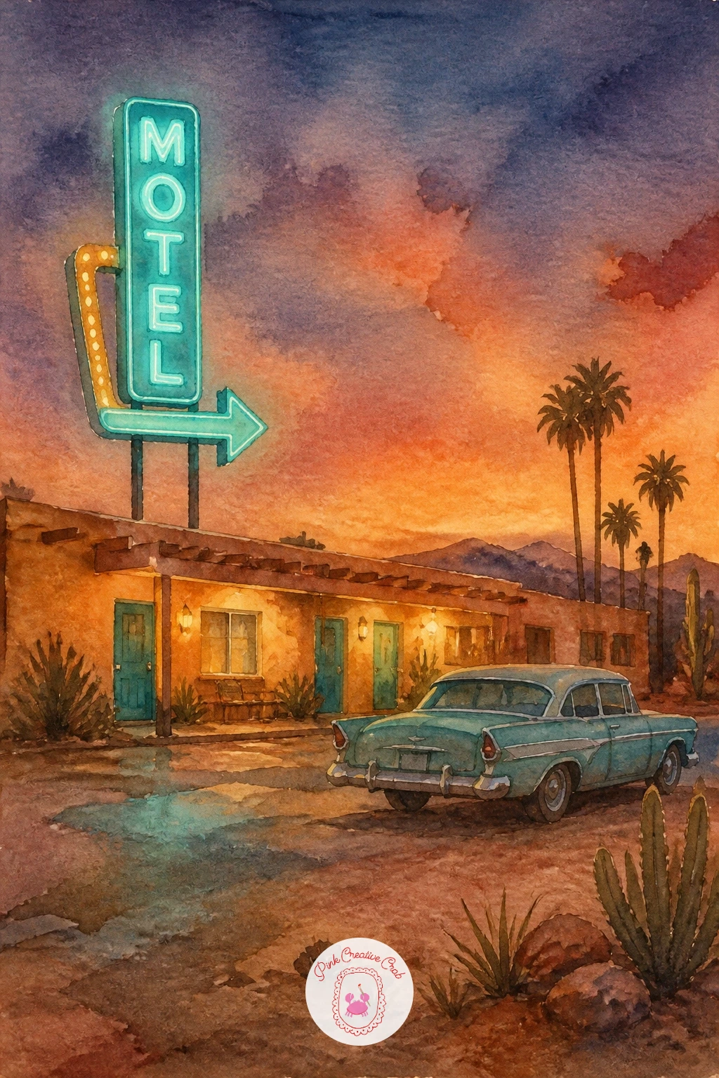 Desert Motel With a Neon Sign — Switch to a retro roadside scene: a low desert motel building with a glowing neon sign out front at dusk. Watercolor desert