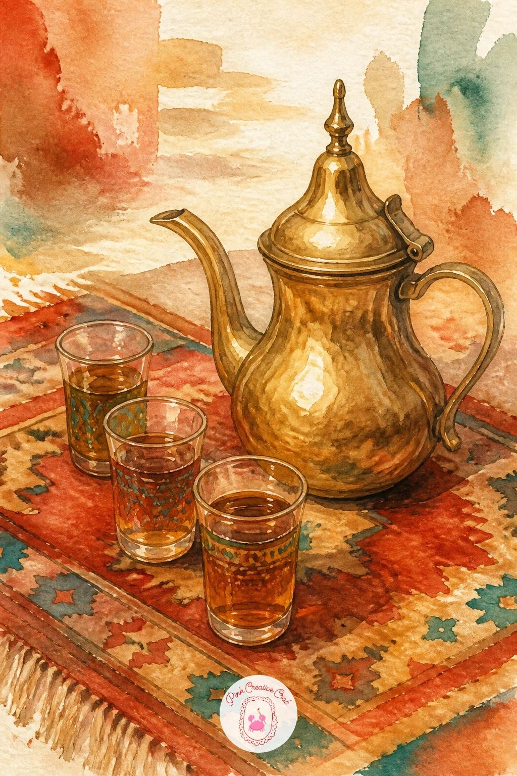 Bedouin Tea Set on a Rug — Bring the scene down to a small, intimate still life: a brass-style teapot and glasses set out on a patterned rug. Watercolor desert