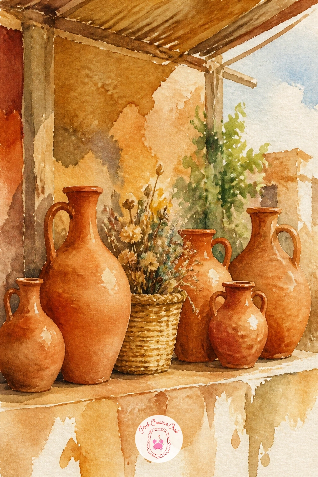 Pottery Stall With Terracotta Jugs — Stay close in with another small still life: a stall or shelf lined with rounded terracotta jugs and pots of varying