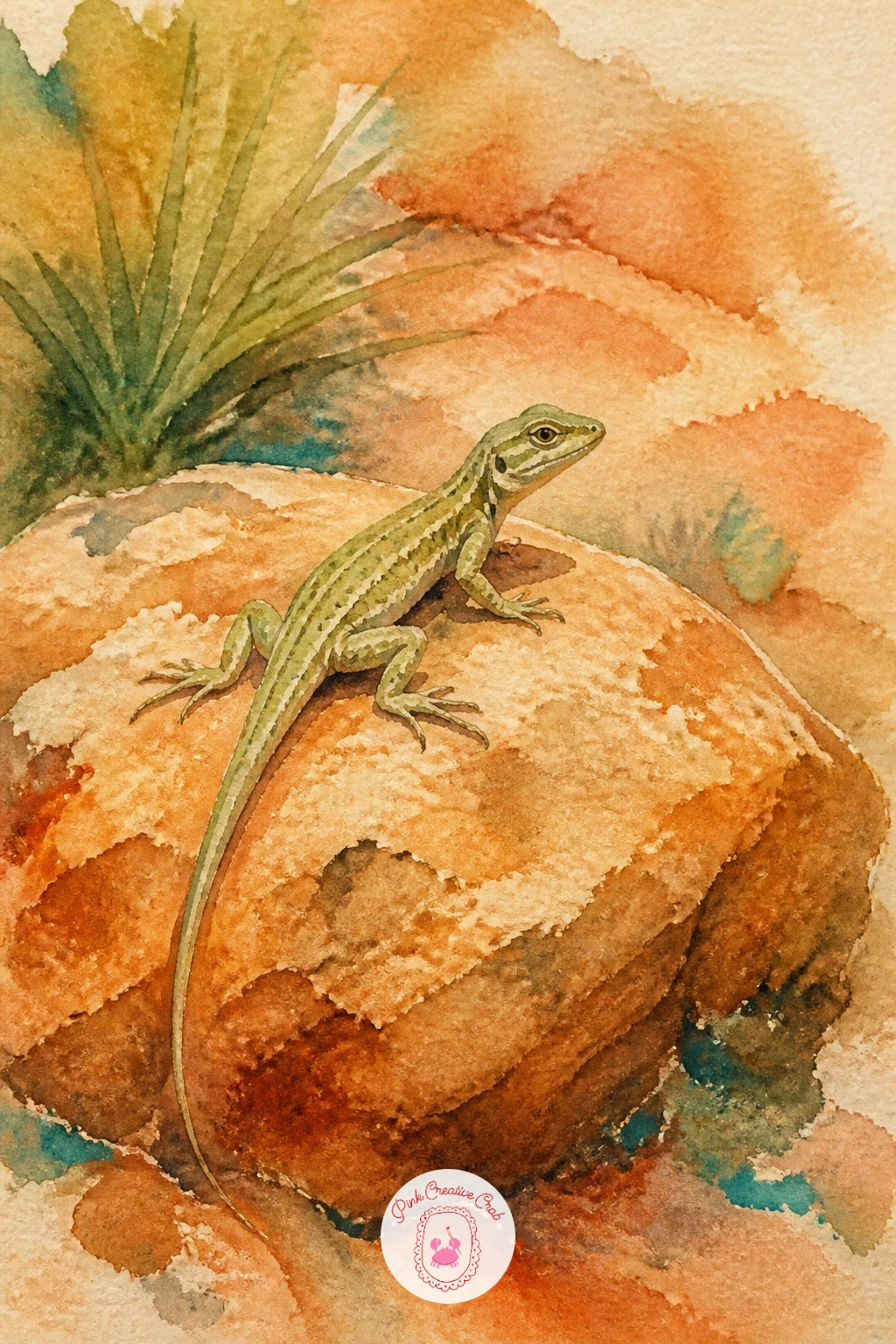 Lizard on a Sun-Warmed Stone — Zoom in tight for a small, textural subject: a lizard basking on a sun-warmed stone. Watercolor desert landscape