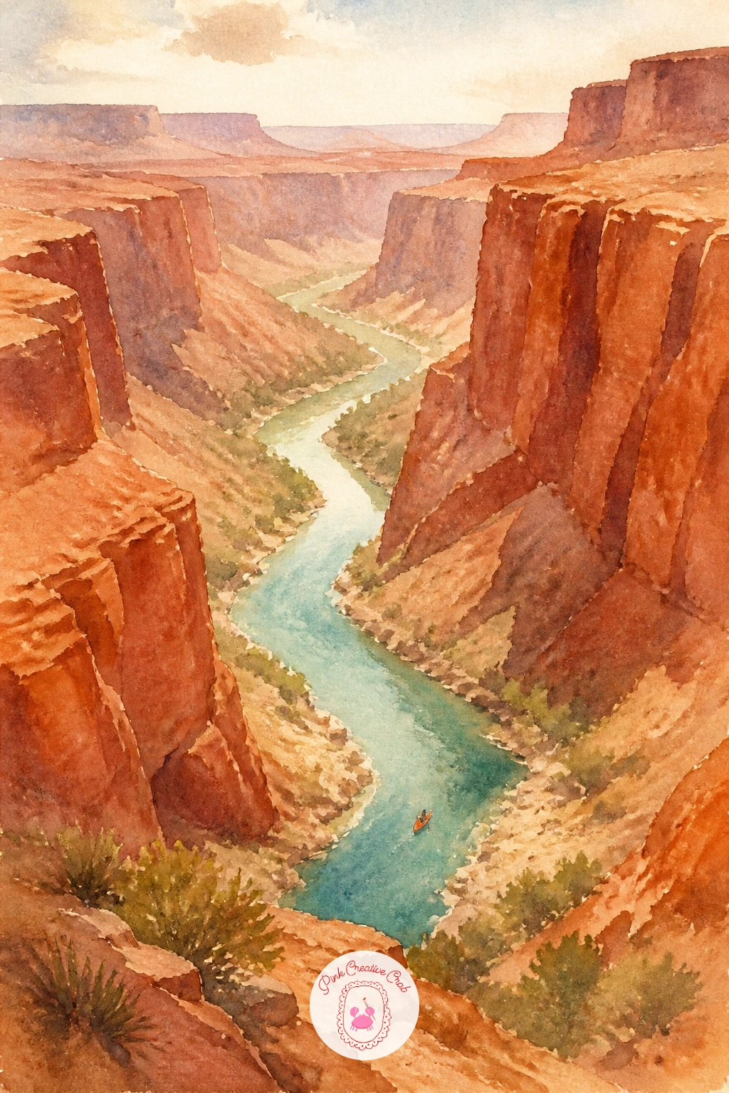 Canyon With a River and a Kayak — Bring in moving water for a change: a deep canyon with a river winding through it and a single small kayak on the water.