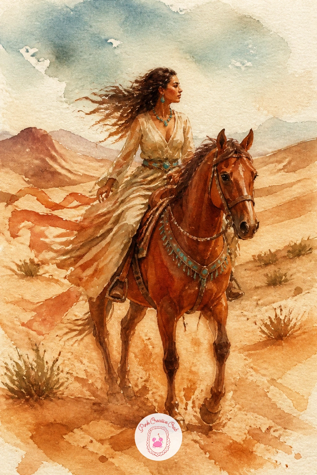 Woman Riding a Horse in the Desert — Return to a figure, now in motion: a woman riding a horse along a dune at a gentle pace. Watercolor desert landscape