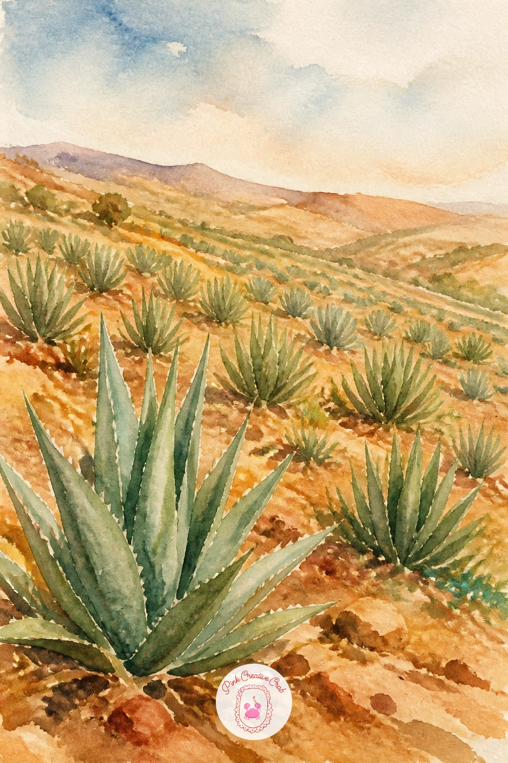 Agave Plant Field — Go wide again with a field of spiky agave plants stretching across a gentle slope. Watercolor desert landscape