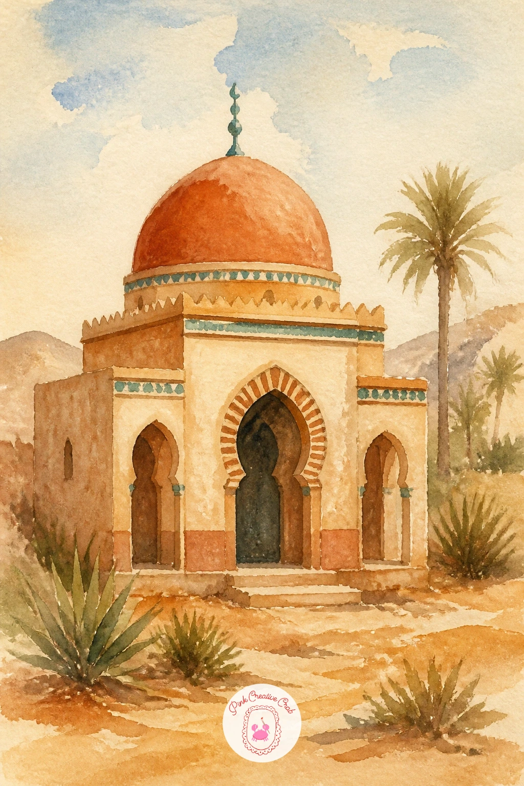 Desert Mosque With Arches — Return to architecture with more pattern this time: a small desert mosque, its dome and horseshoe arches warm against a pale sky.
