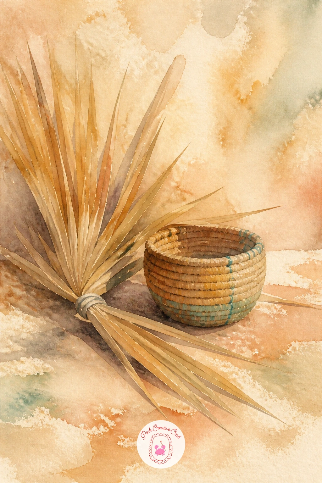 Dried Palm Leaves and a Basket — Slow down with a quiet still life: a loose bundle of dried palm leaves resting beside a small woven basket. Watercolor desert