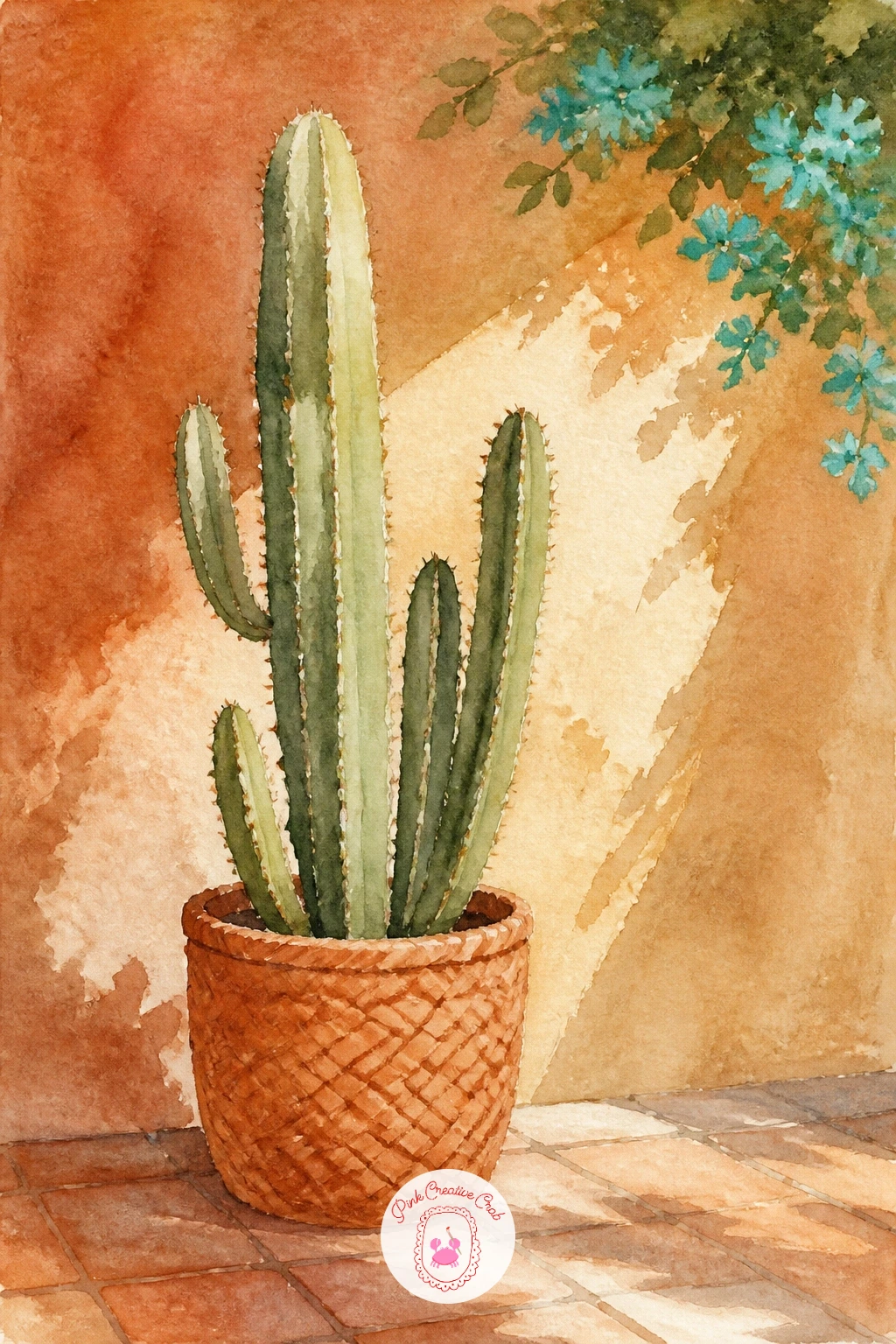 Cactus in a Woven Planter on a Patio — Bring the desert indoors with a cozy patio scene: a single tall cactus in a woven planter, sitting beside a sliver of