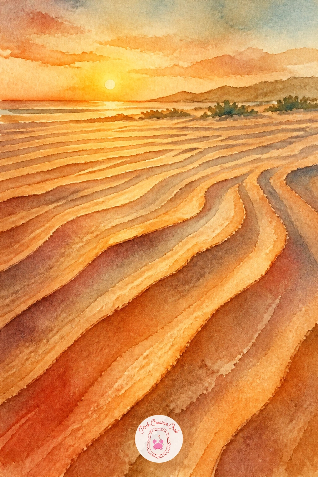 Sunrise Over Sand Ripples — Build toward the finale with a quiet, almost abstract scene: close-up sand ripples catching the first light of sunrise. Watercolor