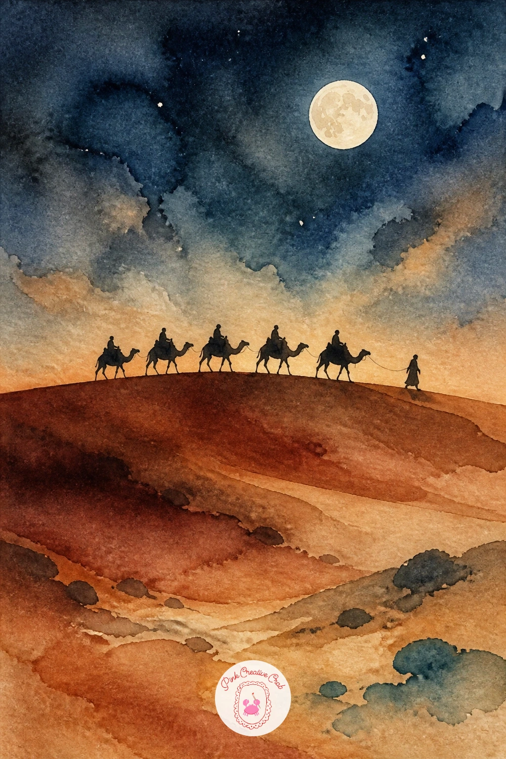 Camel Caravan Silhouette Under the Moon — Close the list the way it opened, with camels, but now under moonlight instead of sunset, so the two bookend each