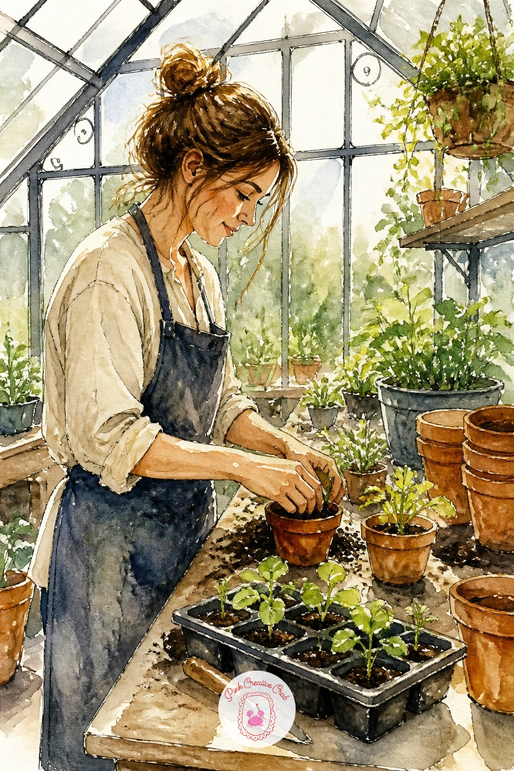 Woman Potting Seedlings at a Bench — Potting benches give you a natural place to put a figure without worrying about a full portrait. Watercolor greenhouse