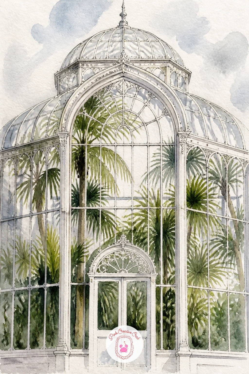 Victorian Glasshouse With Palms — Start with the easiest big shape in this whole list: a tall arched glasshouse, drawn as a simple triangle-topped rectangle in