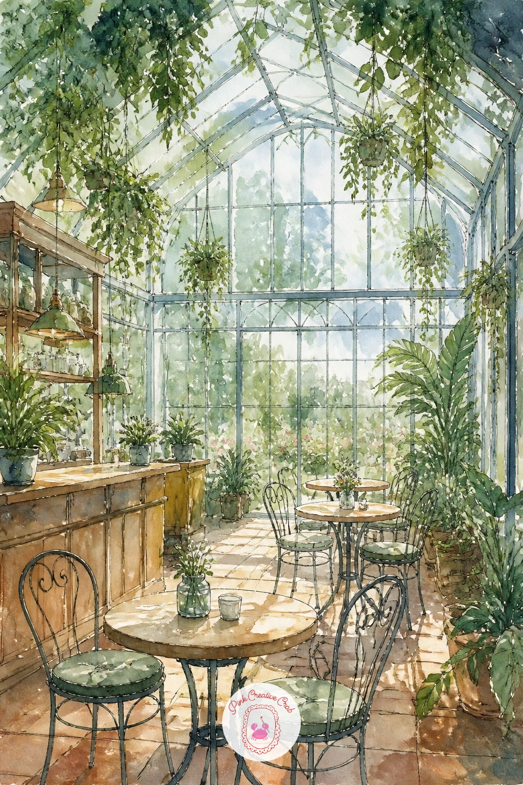 Greenhouse Cafe With Tables — A greenhouse cafe scene borrows the same glass shell as the Victorian glasshouse, so reuse that light pencil outline and focus