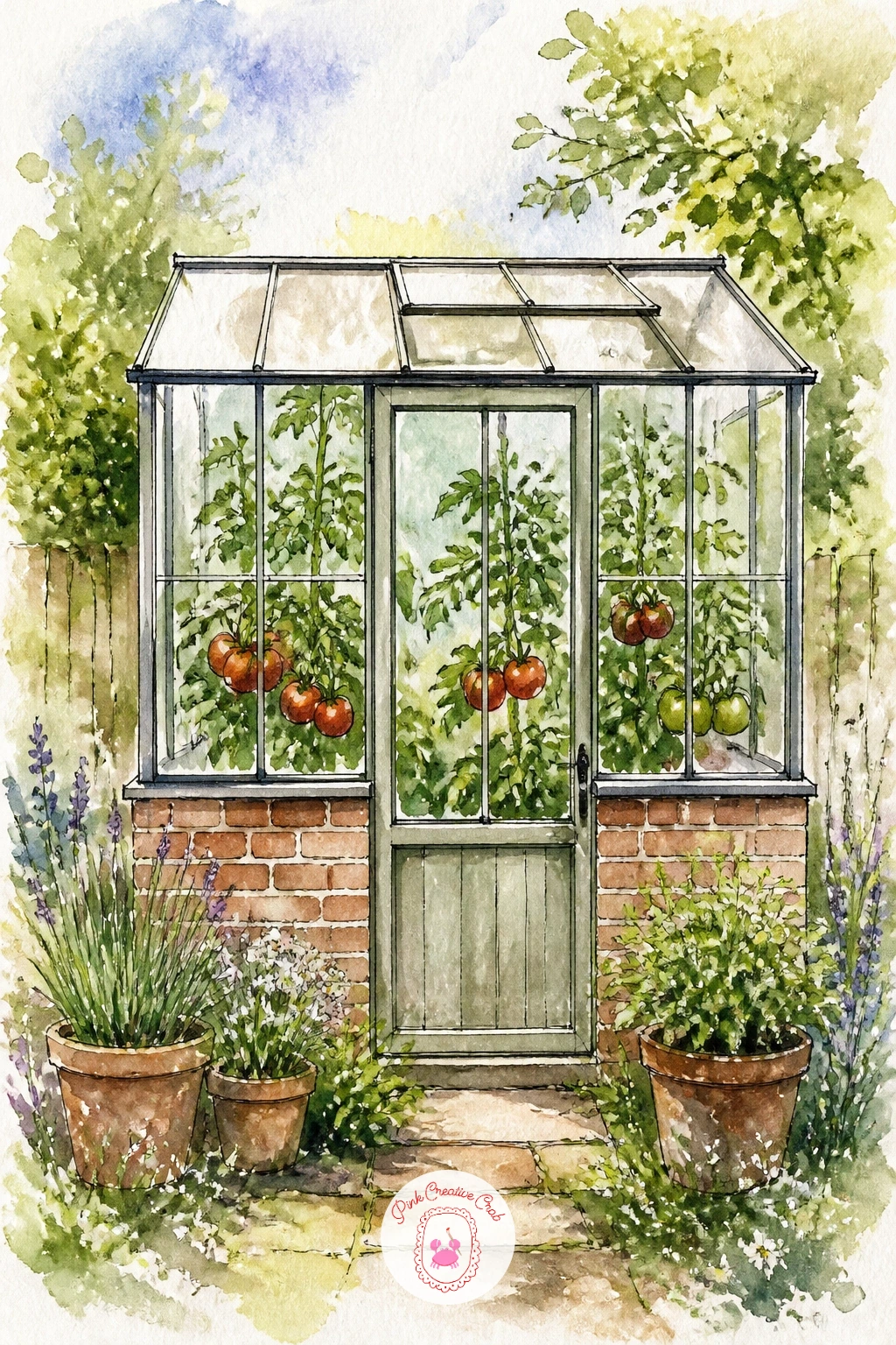Tiny Garden Greenhouse With Tomatoes — Scale this one down on purpose: a small backyard greenhouse, barely taller than a garden shed, with a few tomato plants