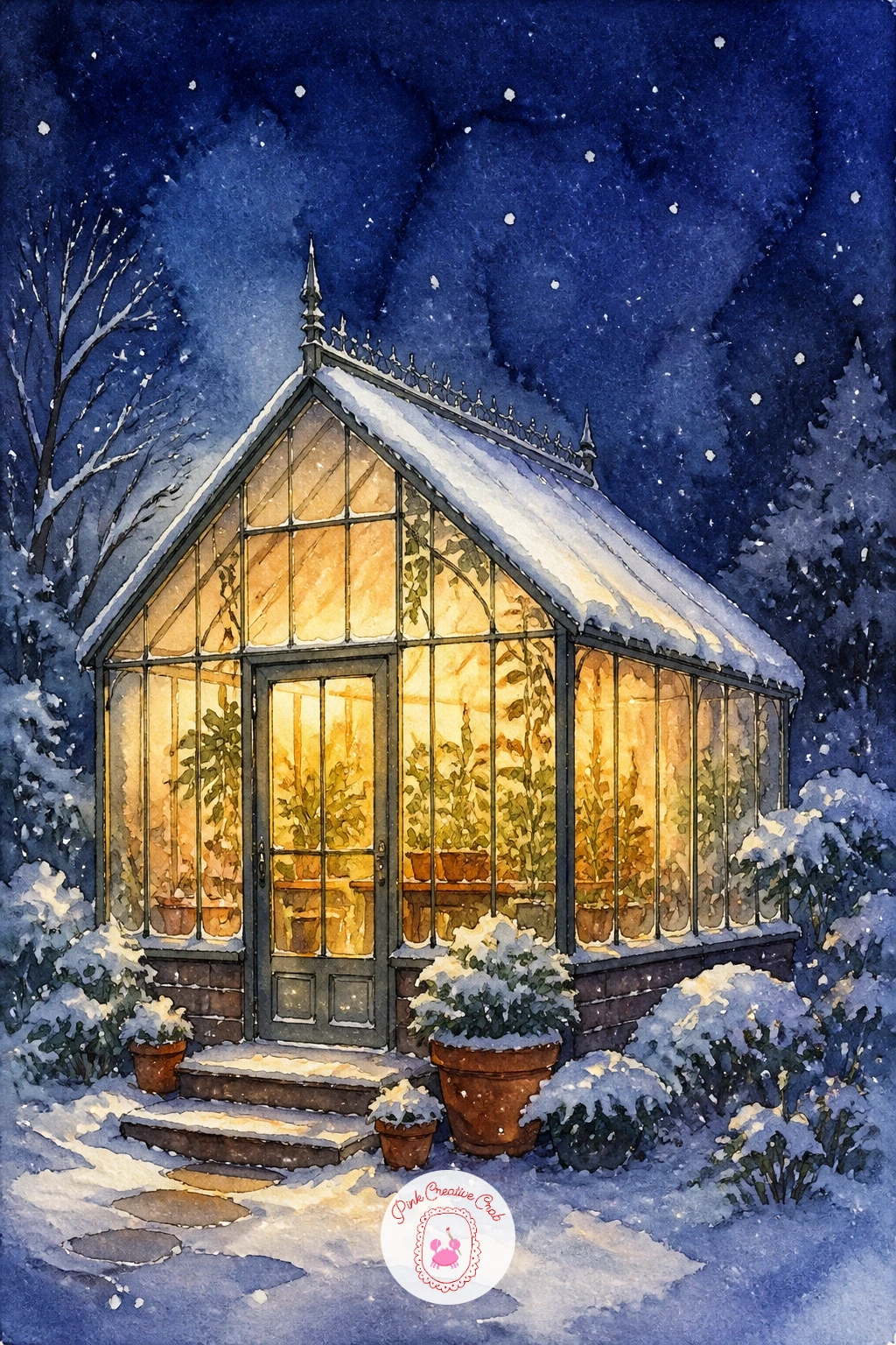 Greenhouse in Snow Glowing at Night — Night scenes live and die on where the light sits, so decide now that the warm glow comes from inside the glasshouse and
