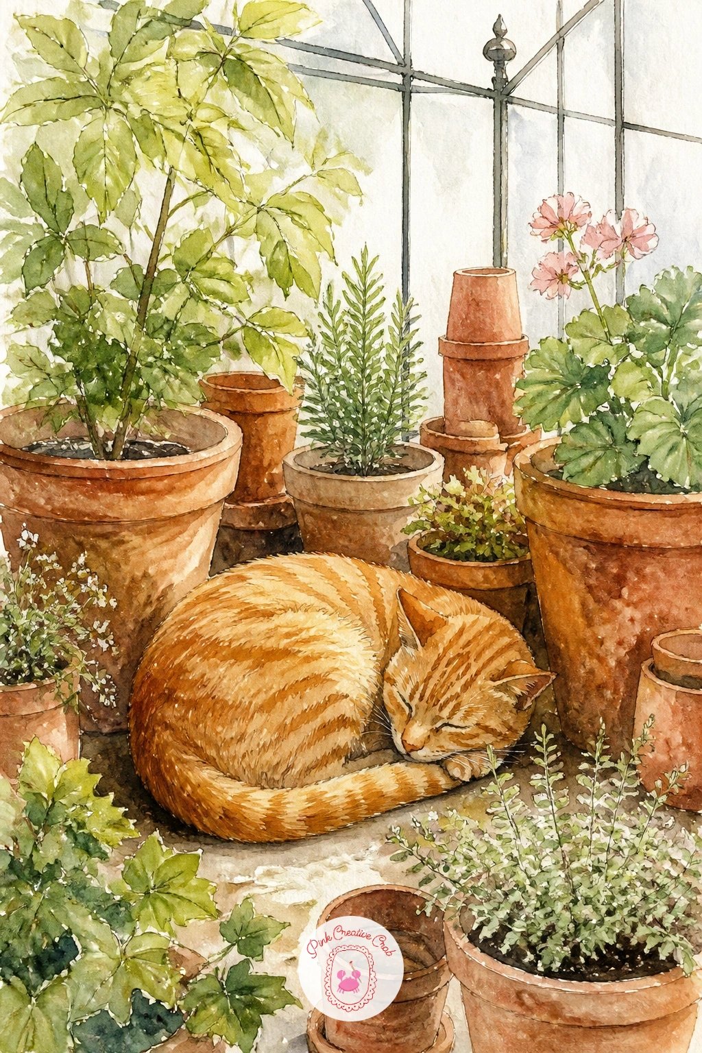 Cat Sleeping Among Pots — Curl the cat into a simple comma shape before anything else, since that single curve decides whether the whole painting reads as