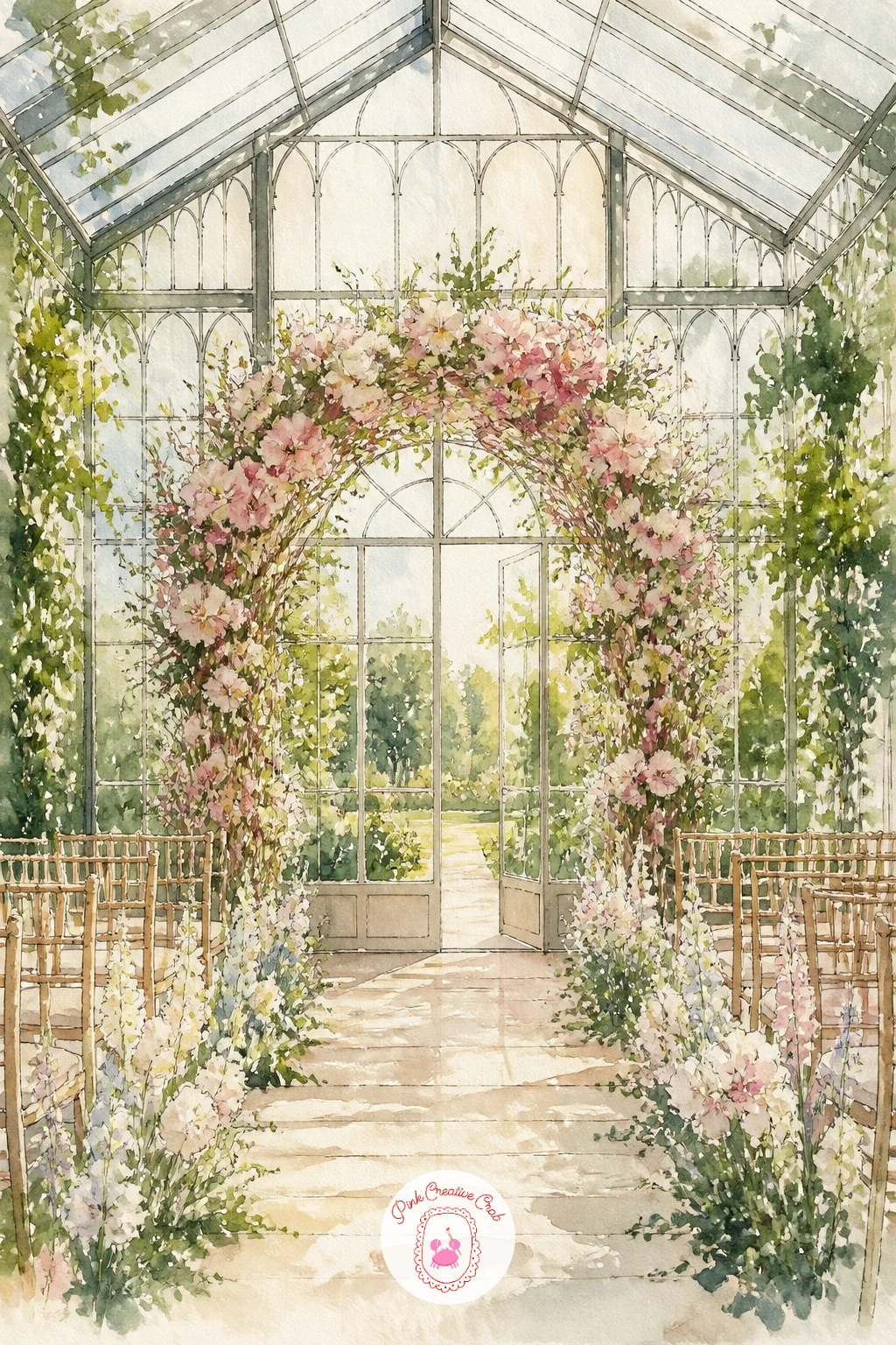 Greenhouse Wedding With Flowers — Build this scene around an arch of flowers rather than trying to paint a crowd of guests, which keeps it achievable in one