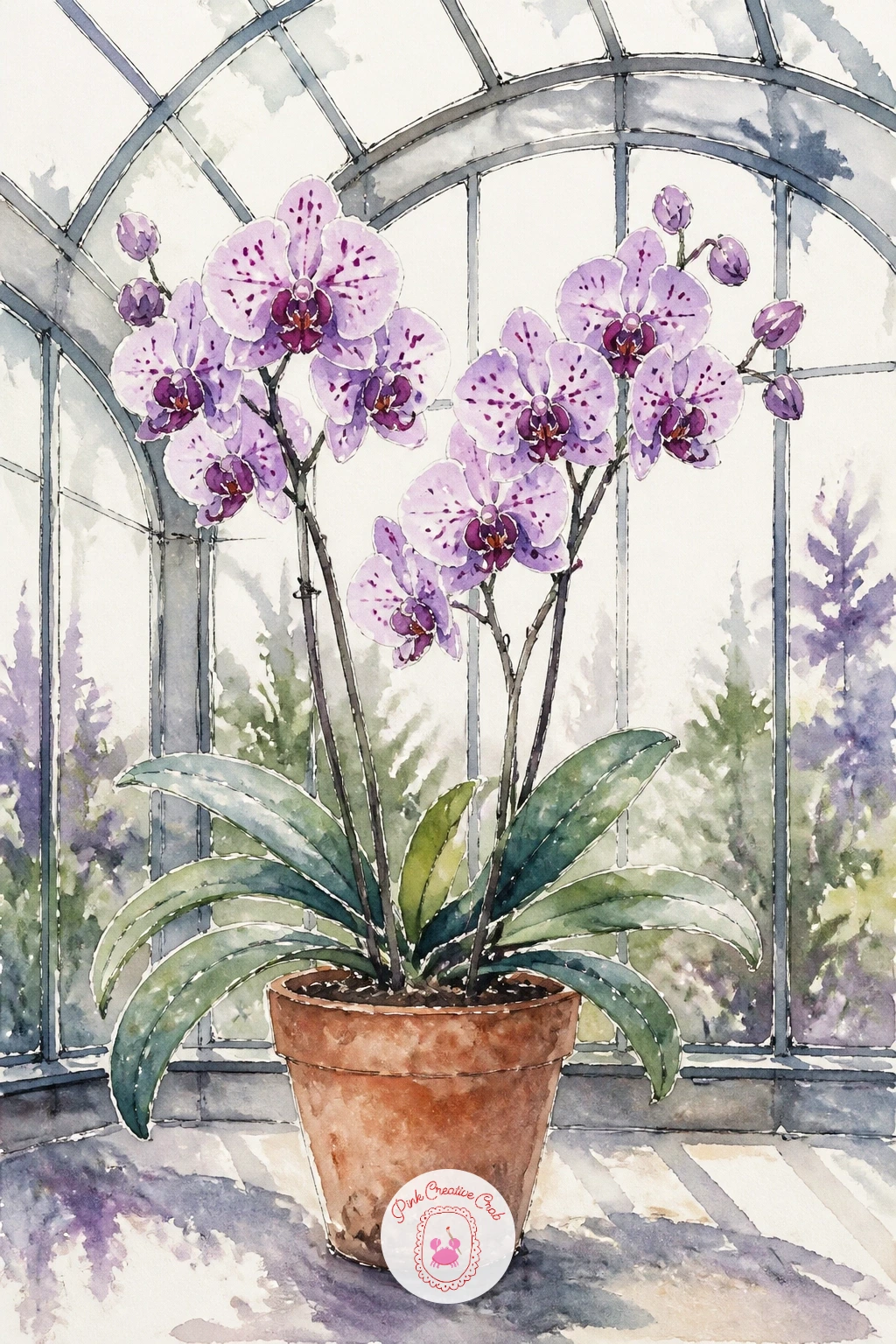 Orchid House — Orchids reward patience with their shape more than their colour, so slow down on the pencil stage here. Watercolor greenhouse