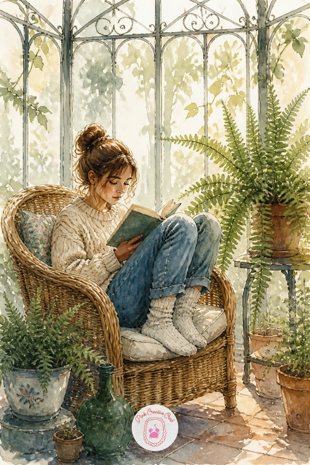 Girl Reading in a Conservatory Chair — Place the chair before the girl, since a simple wicker or rattan chair shape anchors the whole scene and gives you