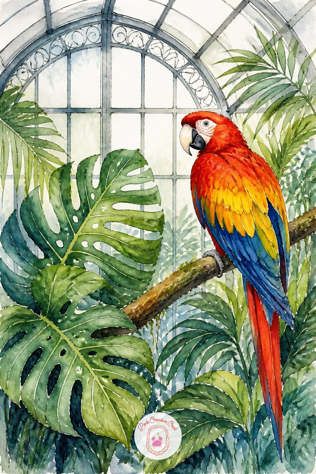 Tropical Greenhouse With a Parrot — Give the parrot pride of place on a branch near the centre of the page, since its colour will carry the whole painting.