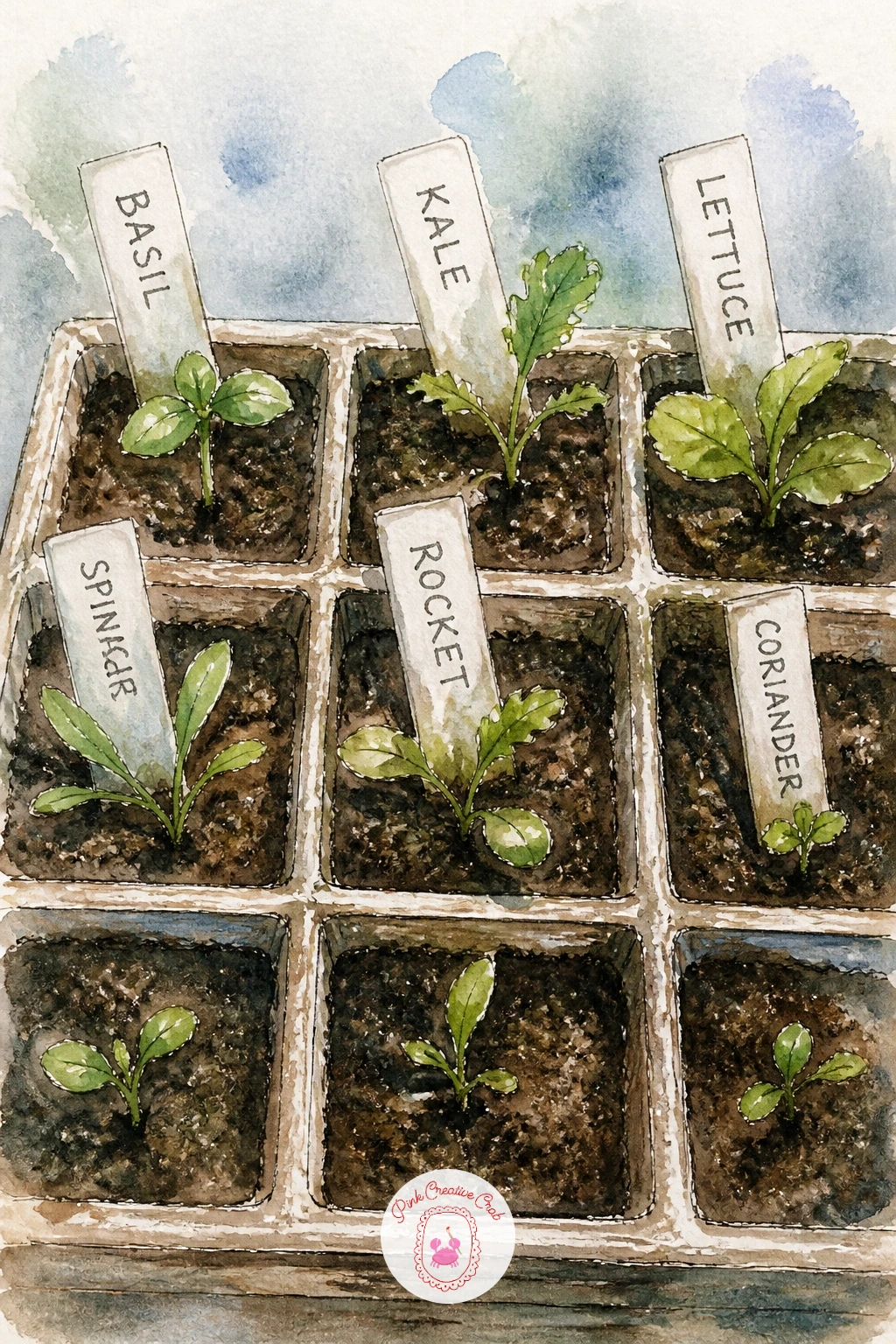 Seed Tray With Labels — Zoom right in for this one, since a close-up seed tray scene is one of the quickest and most satisfying pieces on the list. Watercolor