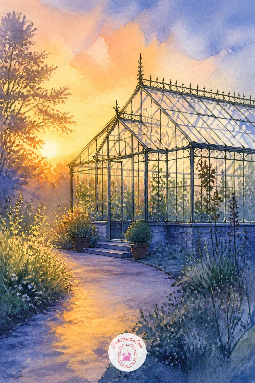 Greenhouse at Sunrise — Decide on your light source before a single brushstroke: a low sun rising just behind or beside the glasshouse, warming one side while