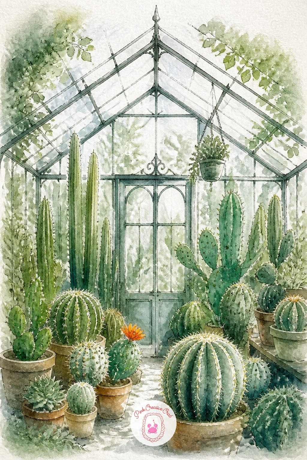 Cactus House — Cactus shapes are mostly simple geometry, which makes this a relaxing scene after the softer ones above. Watercolor greenhouse