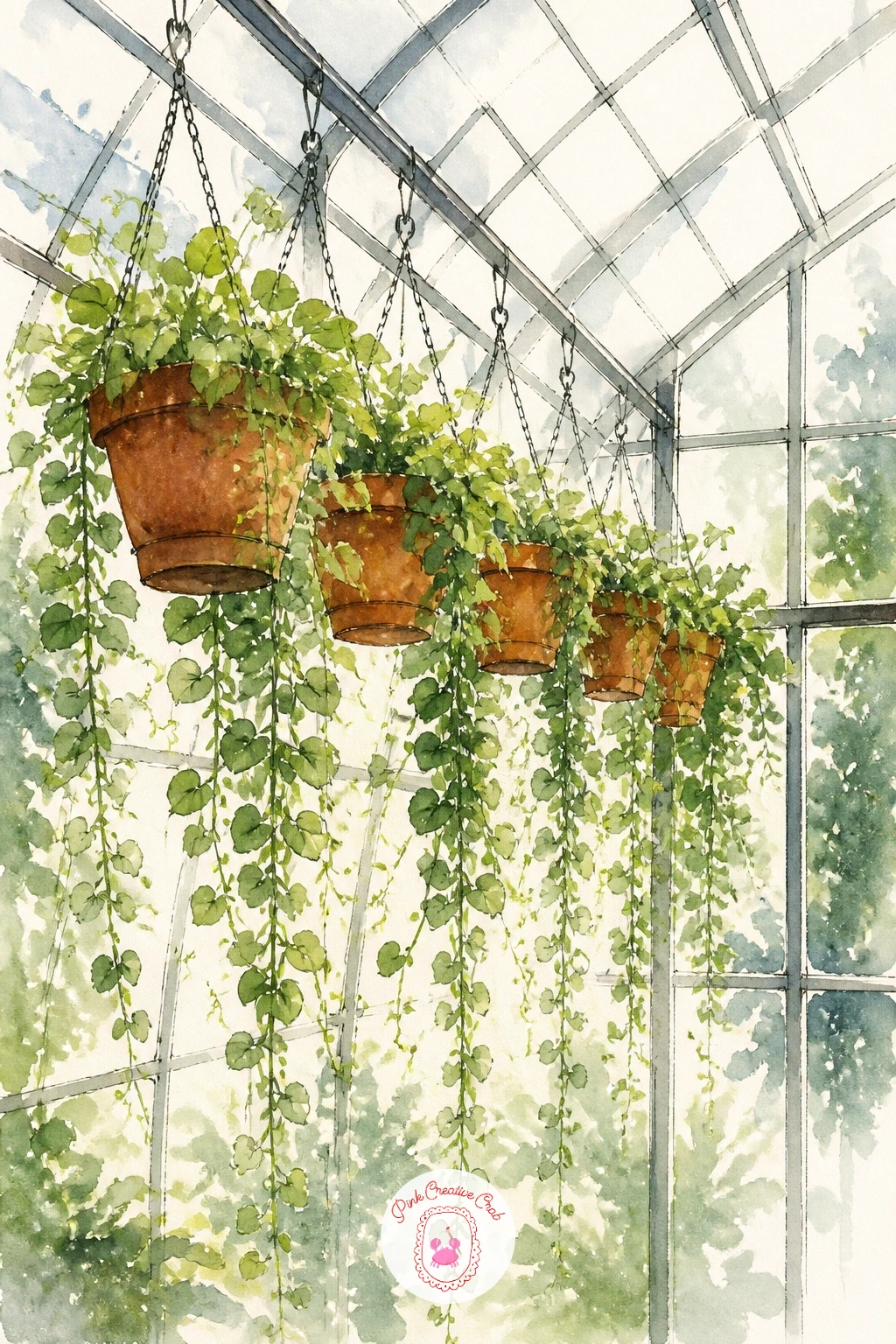 Hanging Plant Greenhouse — Work from the top of the page down for this one, since hanging plants read best when their trailing vines appear to grow downward
