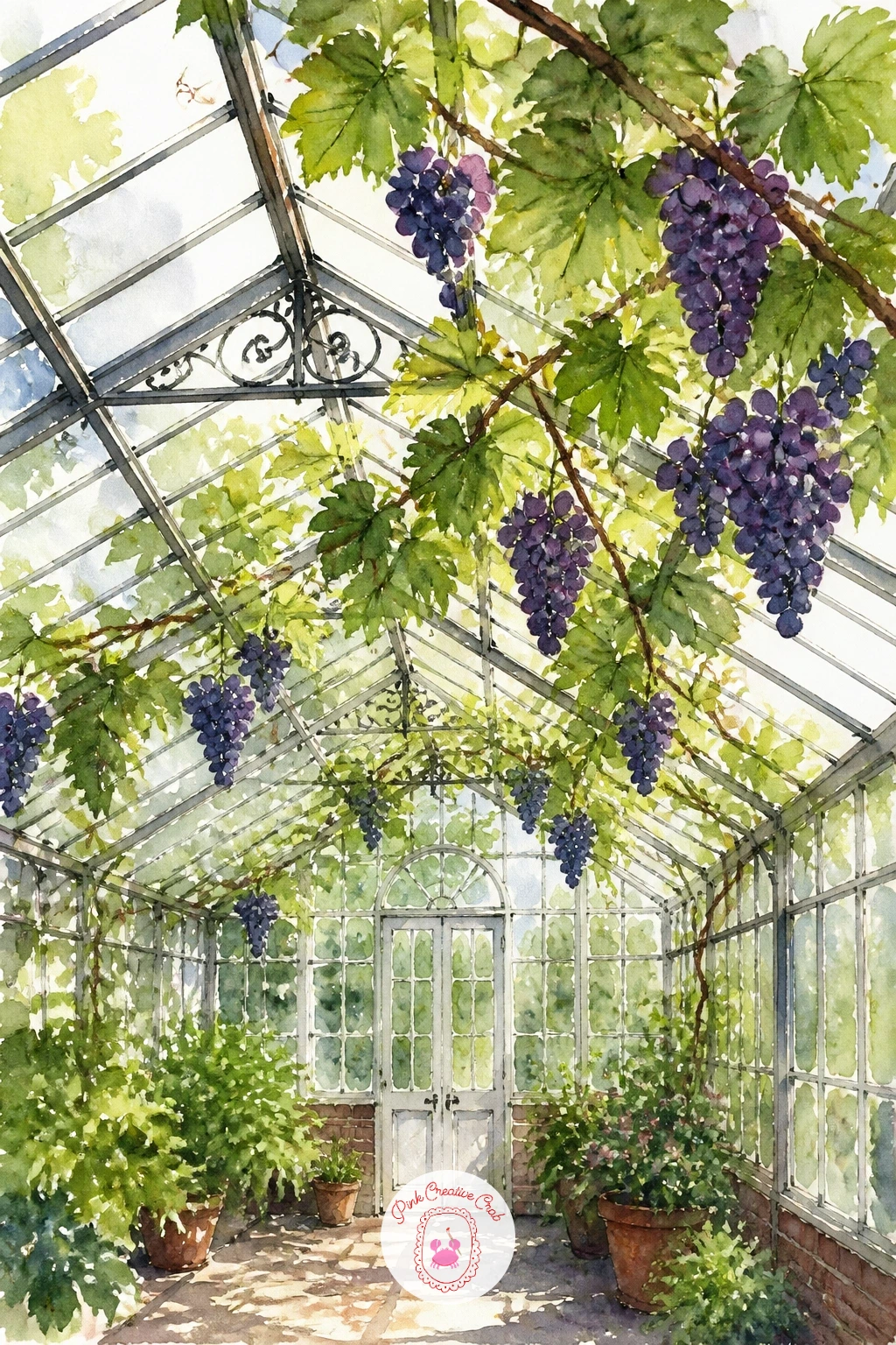 Greenhouse With Grape Vines — Let the vines take the whole upper half of the page here, training them along an implied trellis near the roofline the way real