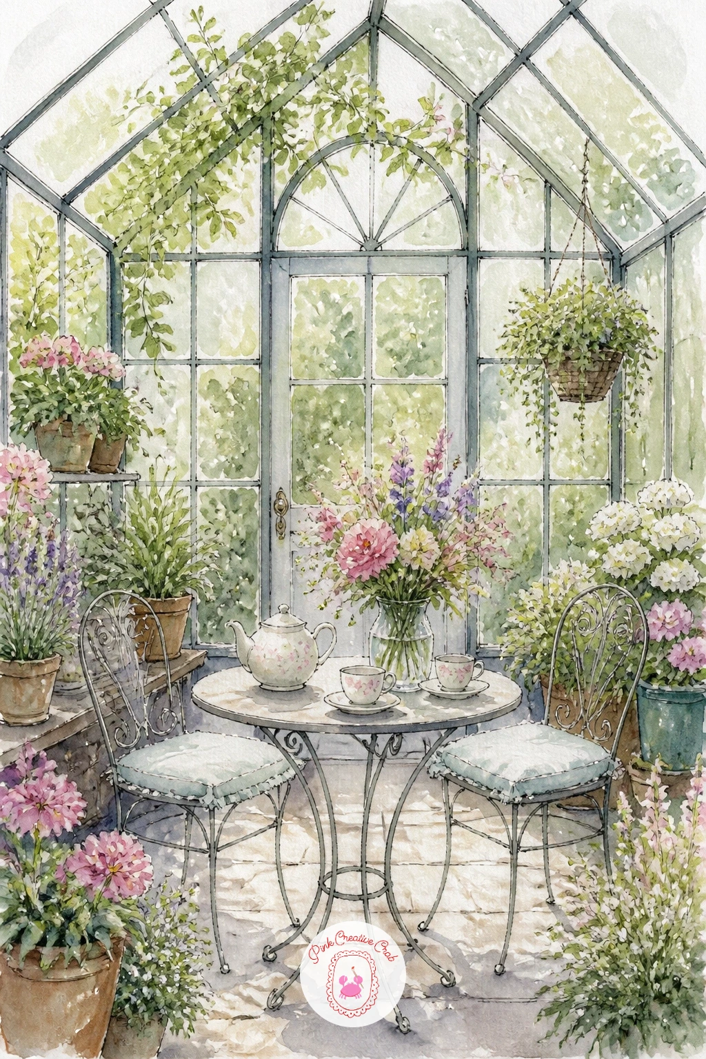 Greenhouse With a Tea Table — Centre a small round table set for tea just off the middle of the page, with the glasshouse structure loose and secondary behind