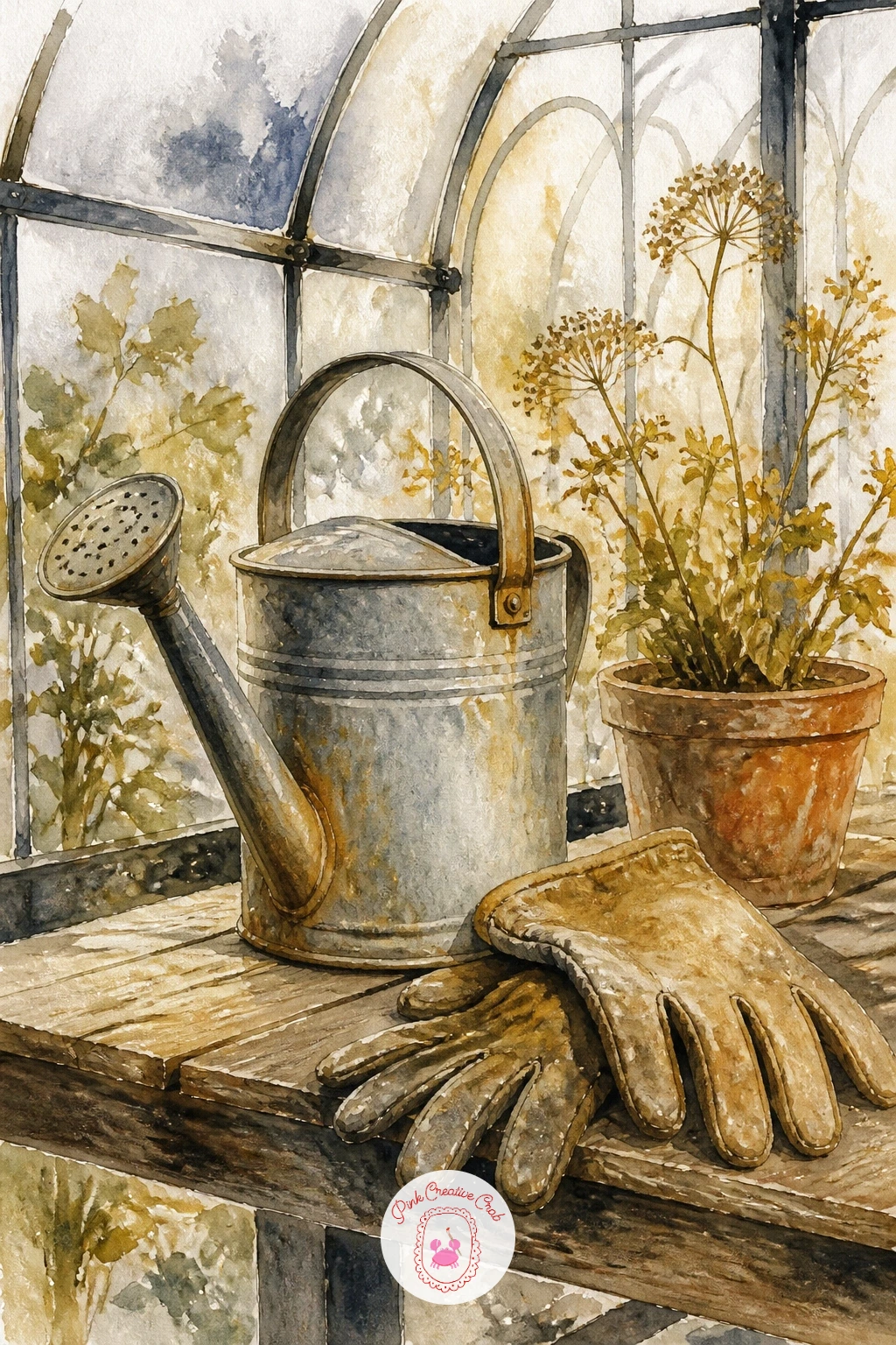 Watering Can and Gloves on a Bench — Keep this one a quiet still life, just a watering can and a pair of gardening gloves resting on a wooden bench, which