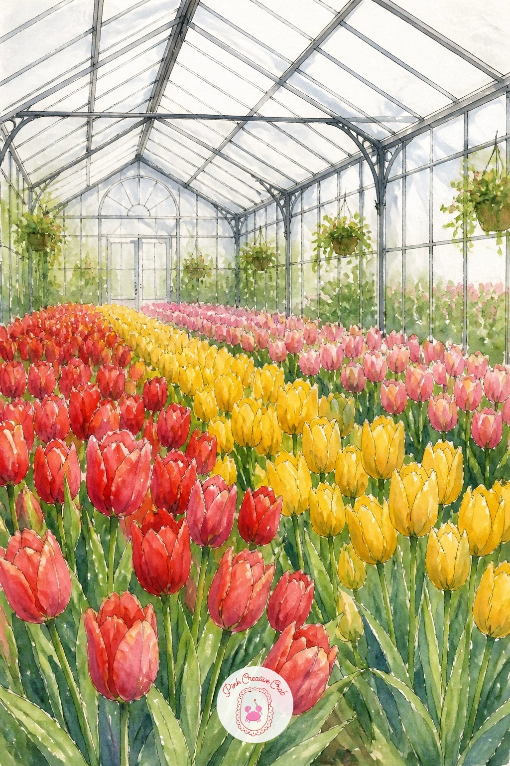 Greenhouse Filled With Tulips — Fill the whole lower half of the page with tulips here, planted in loose rows that grow slightly smaller toward the back to