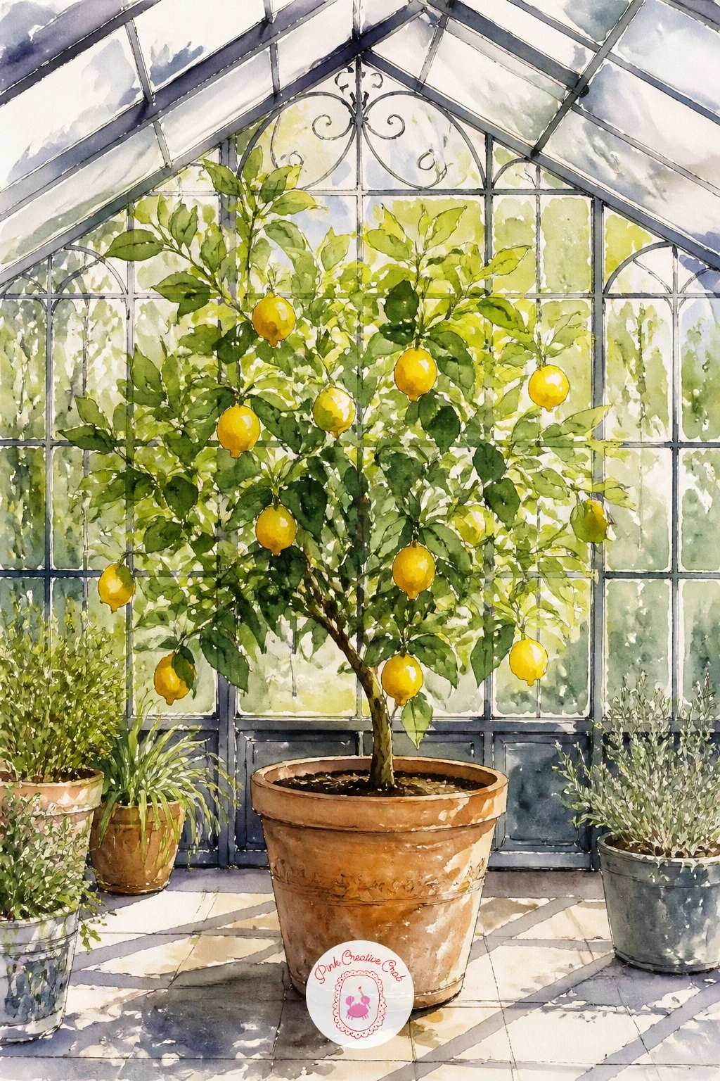 Lemon Tree in a Conservatory — Give the lemon tree a proper trunk and canopy shape before anything else, sketching it as a simple vase-shaped mass of leaves on