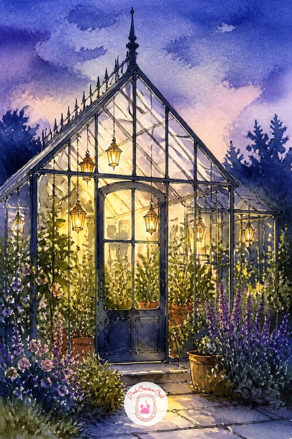 Greenhouse at Dusk With Lanterns — Move the light source to several small points instead of one big sun for this scene, sketching a handful of hanging lanterns