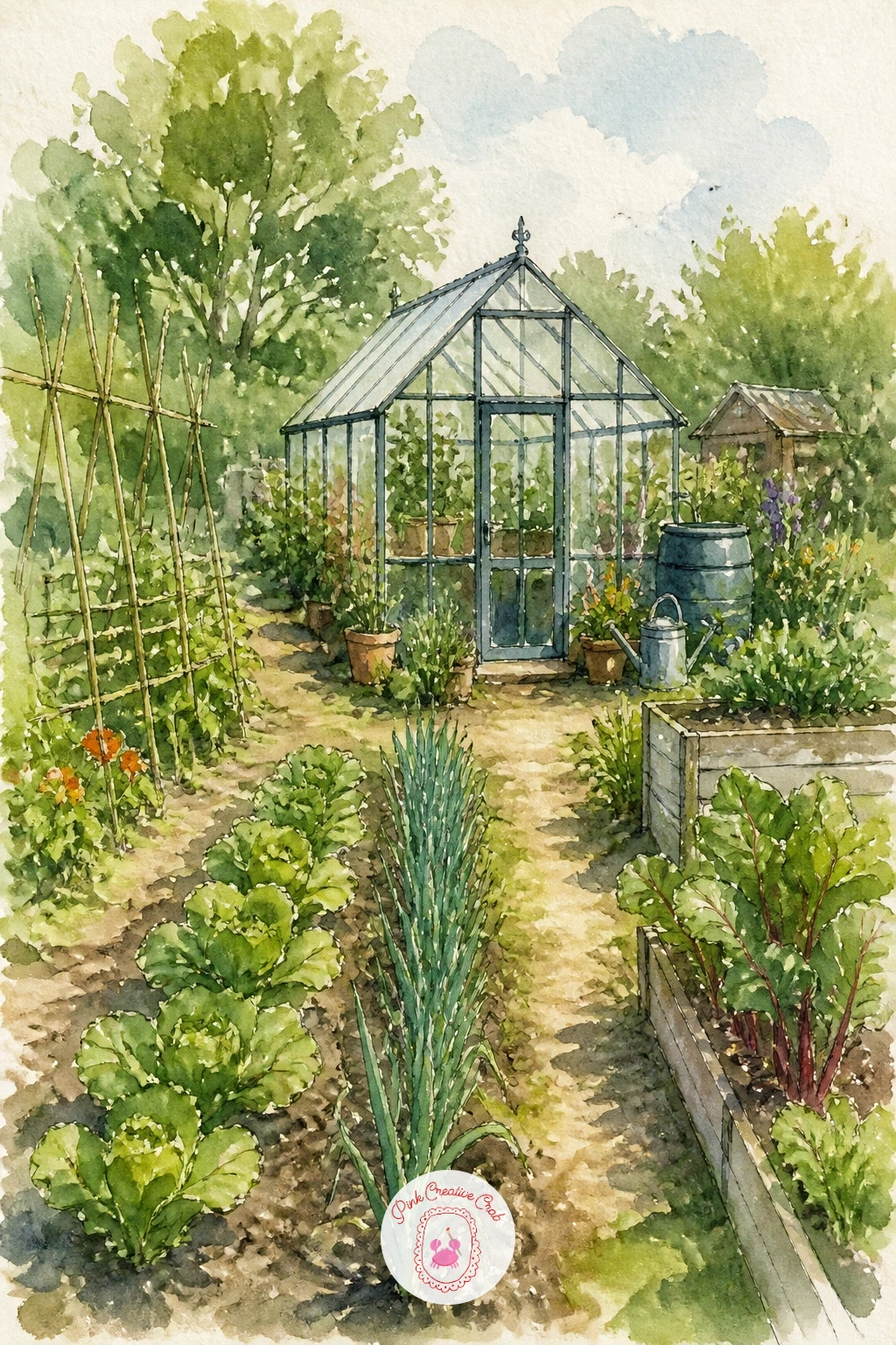 Greenhouse in an Allotment — Pull back for a wider view here, showing a small glasshouse as just one part of a busy allotment plot with raised beds and a path