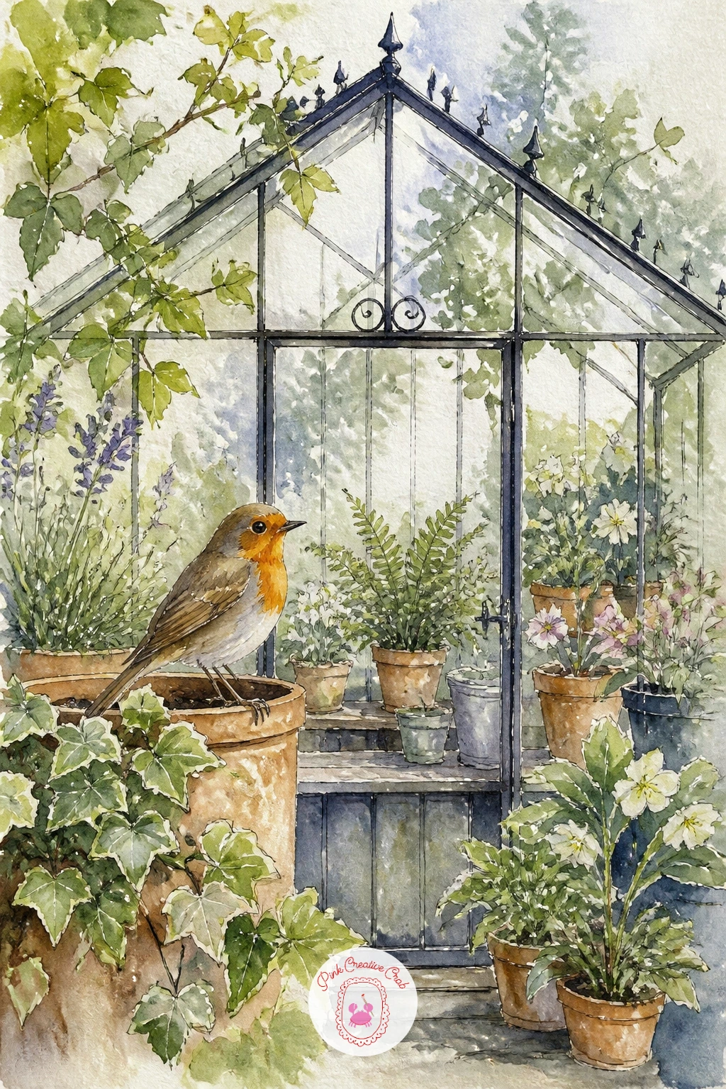 Greenhouse With a Robin Inside — Place the robin on a low branch or the edge of a pot near the lower third of the page, since this small bird needs to feel