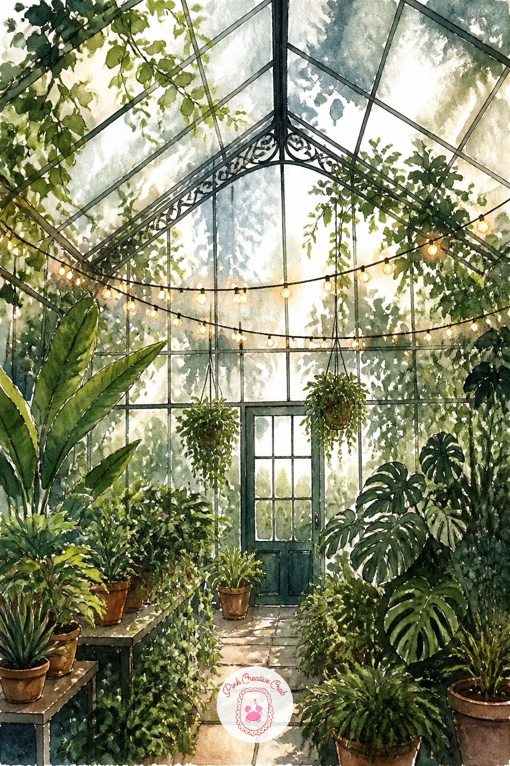 Greenhouse With Fairy Lights — Thread a loose string of fairy lights across the top of the glasshouse interior, sketching the wire as one gently sagging line