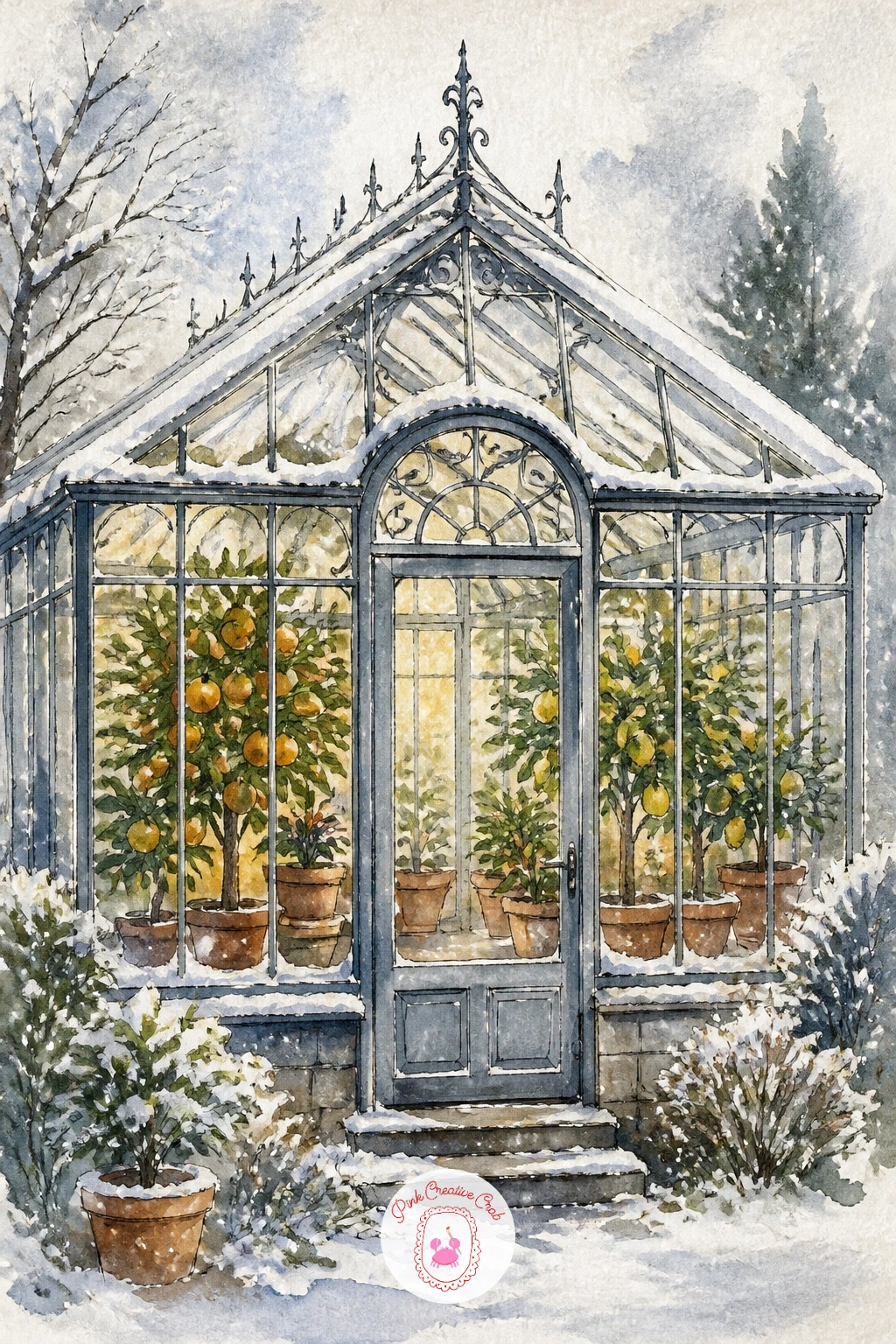 Winter Greenhouse With Citrus — Contrast is the whole point here: cold outside, warm and fruitful within. Watercolor greenhouse
