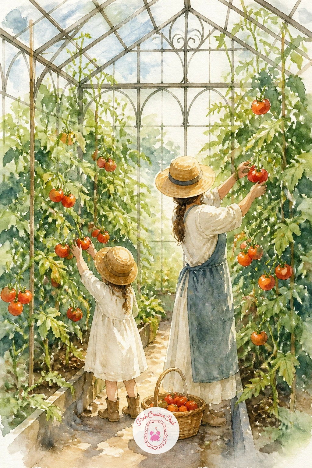 Family Picking Tomatoes in a Greenhouse — Keep the figures simple silhouettes rather than detailed portraits, since two or three small figures reaching toward