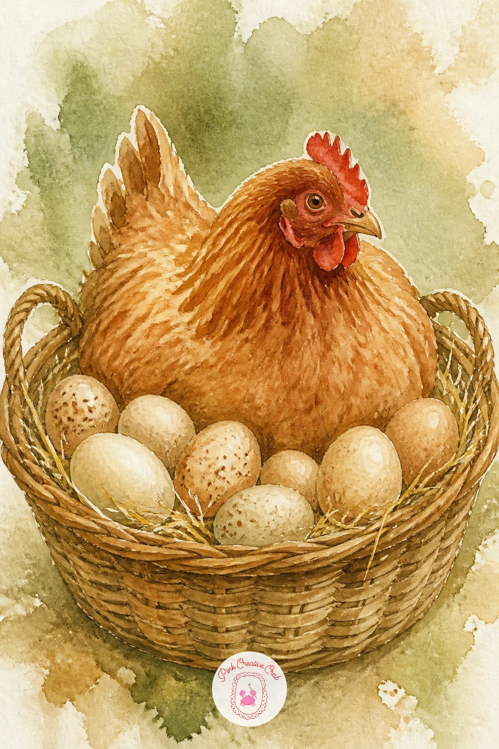 Hen in a Basket of Eggs — Start with the hen in a basket of eggs, because the shapes are just two circles and an oval. Watercolor chickens